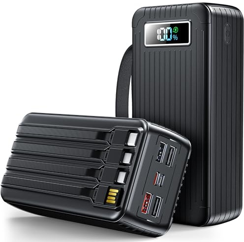 60000mAh Power Bank con cavo, 30W Powerbank PD USB C funzione di ricarica rapida Batteria esterna con display a LED, 7 uscite e 2 ingressi, compatibile con iPhone