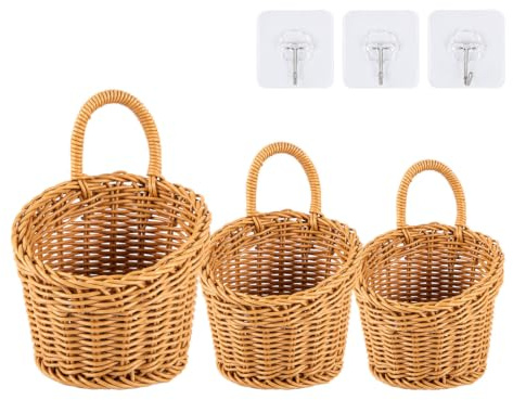 BREEZENEST Set of 3 Woven Wall Hanging Baskets with Sturdy Handle Rustic Farmhouse Boho Decor Storage Container Multi-purpose Organizer Basket for Kitchen Bathroom Entryway Living Room