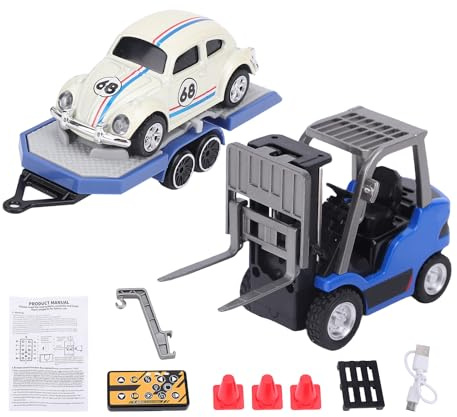XUXHOU Carrello Elevatore Telecomandato in Scala 1:64, 2.4Ghz Veicolo da Costruzione in Lega con Rimorchio, Luci, Suono, per Bambini Adulti (blu scuro)