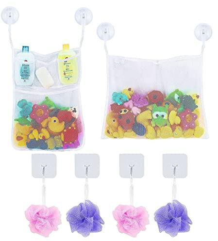 LEEFE 2 x Mesh Bath Toy Storage with 5 Pockets - The Perfect Net for Bathtub Toys & Bathroom Organizer - For Kids, Toddlers & Baby and Shower Caddy, Bonus of 6 Super Strong Suction Cups