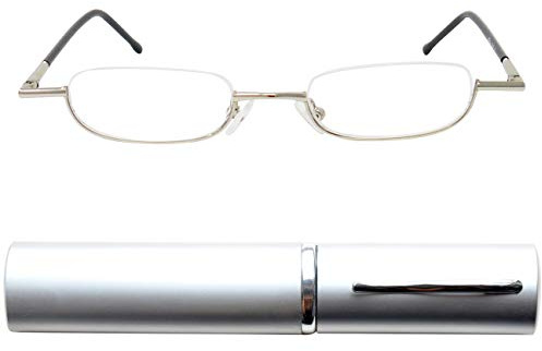 Schmale Metall Mini Halbbrille Lesebrille, Edelstahl Rahmen (Silber), mit Gratis Slim-Fit Alu Etui, Lesehilfe Damen und Herren +2.5 Dioptrien