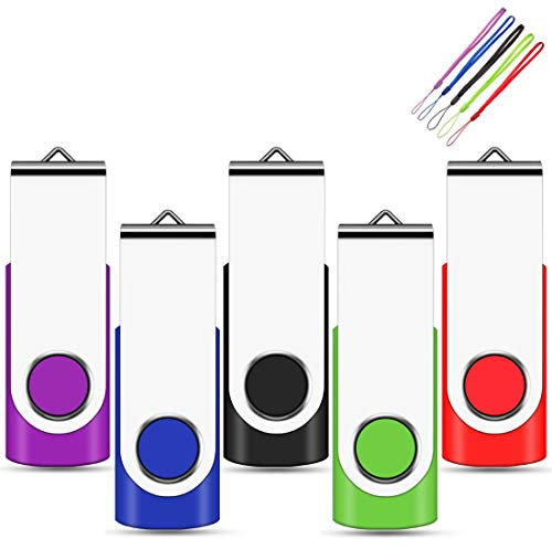 Clé USB 2 Go, EASTBULL Cle USB 2.0 Flash Drive Stockage Clef USB Pivotantes U Disque Mémoire Stick Pendrive avec 5 Cordes, Ensemble de 5 (Noir Bleu Violet Rouge Vert)