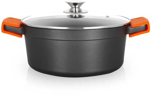 Orbegozo CDH 3028 Cacerola Honda Aluminio Fundido, 6.7 L, Superficie Antiadherente Libre de PFOA, Tapa Cristal Templado, Asas de Silicona