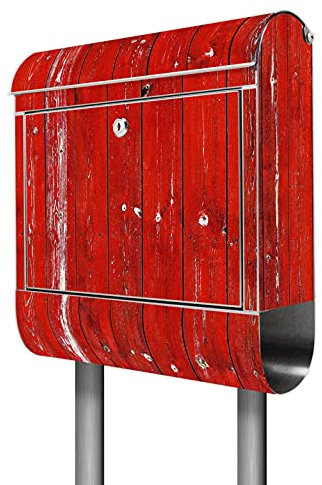 banjado® Briefkasten mit Standfuß Motiv Rote Holzlatten - Stand Briefkasten Edelstahl mit Zeitungsfach - Postbox/Postkasten A4 Einwurf inkl. Montagematerial & 2 Schlüssel