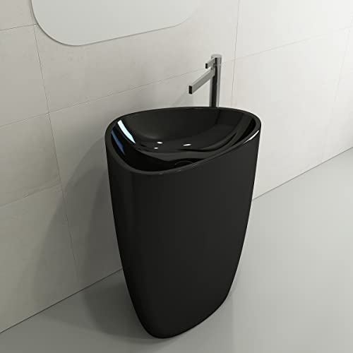BOCCHI Etna Monoblock Pedestal Sink Fireclay 33.75 in. with Matching Drain Cover in Black