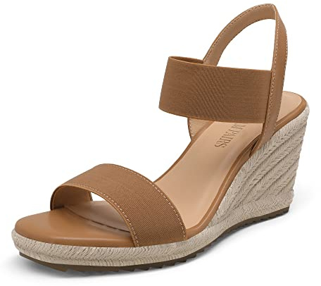DREAM PAIRS Womens Open Toe Espadrilles Dressy Platform Sandals Slip on Elastic Ankle Strap Wedges Sandals SDPW222W Camel Size 7
