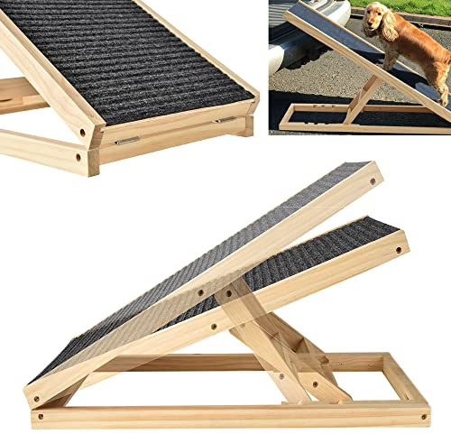 Rampa para Perros y Gatos, 30-60 cm Rampa para Mascotas Ajustables en Altura, Antideslizante Escaleras para Perros Plegables sin Ensamblaje para Coche, Cama y Sofá (Madera)