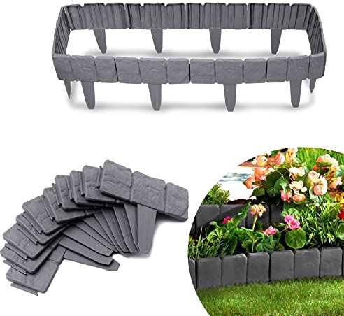 YARDIN Beeteinfassung Rasenkante Stein Rasenkante Kunststoff PP-Beetbegrenzung Beetumrandungen für Garten Wiese LxH 25x23cm 40-teilige / 10M Anthrazit