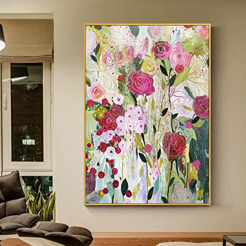 YMXCNM Ölbilder Auf Leinwand Handgemalt,Modernes Abstraktes Wandkunst-Ölgemälde, 100% Handgemalte Blühende Blumen, Rahmenlose Strukturierte Kunstwerke, Zum Aufhängen Für Wohnzimmer, Schlafzimmer, HEI