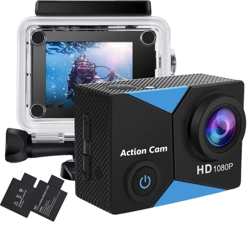 Jadfezy Action Cam FHD 1080P/12MP, Unterwasserkamera wasserdicht bis 30M, 140° Weitwinkel Actionkamera mit 900 mAh wiederaufladbare Akkus und Zubehör-Set