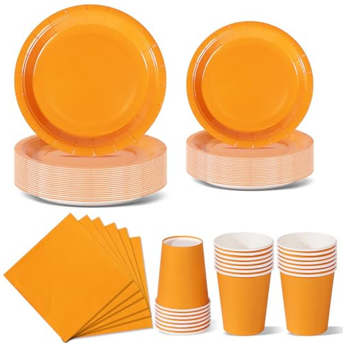 Nkaiso Stoviglie per Feste 96 Pezzi Arancione Festa della Addobbi Ragazza di Compleanno dei Dambini Articoli per Feste Set Include Piatto Usa e Getta di Carta Party Tazze Tovaglioli -24 Ospiti