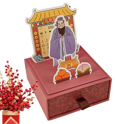 Anulely Calendrier mensuel Chinois 2024 – Dieu de la Richesse – Calendrier Chinois créatif avec tiroir de Rangement – Calendrier Portable pour la Maison, Le Bureau, l'école et Le réveillon