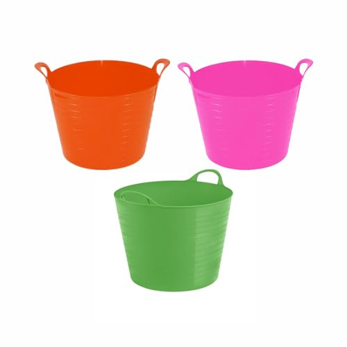 Set of 3-20/26l Litre Flexi Tub Medium Size Bucket Storage Container Basket Flexible Trug Colourful Planter Rubber Flexi Round Tub For Home Garden MADE IN U.K (Orange, Lime Green & Pink)