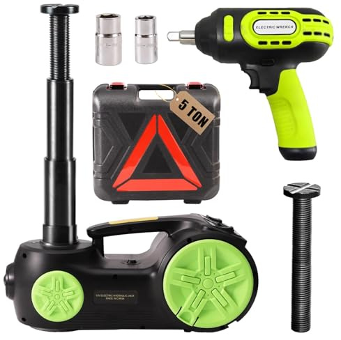 ROGTZ Upgraded Electric Hydraulic Car Jack Kit 5 Ton 12V Portable Lift Range 20.9 Inch with Impact Wrench and Tire Inflator Pump for SUV Sedan Truck Repair Floor Jack for Tire Change with LED Light