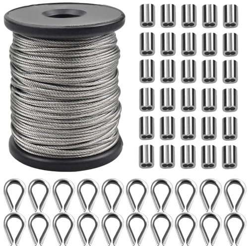 Ehuihuan Cavo Acciaio 1,5mm, Filo di Ferro Acciaio Inox per Appendere Quadri, Cavo Metallico per Tende, 50m Corda Acciaio Inossidabile, 30PCS Anello Crimpatura Alluminio, 20PCS Ditali Fune Metallica