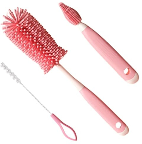 Baby Flaschenbürste Set, 3 in 1 Silikon Babyflaschenbürste für Babyflaschenbürste und Sauger, BPA-frei, mit Soft Brush Saugerbürste Strohhalmreiniger(Rosa)