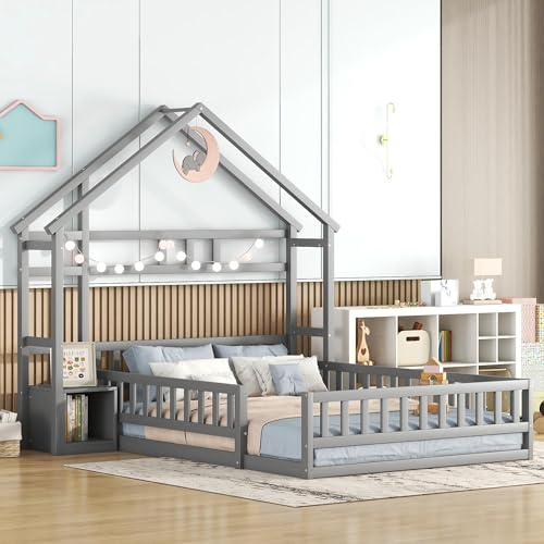 Kinderbett Bodenbett Doppelbett 140x200 cm mit Nachttischen&Sicherheitsgitter&Lattenrost&Dach, Montessori Bett Bed Gitterbett Hausbett Holzbett Bettgestell Jugendbett, Kiefernholz, Ohne Matratze, Grau
