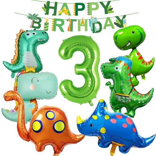 12 Stück Dino Luftballon Set, Dino Geburtstag Deko 3 Jahre Jungen Mädchen | Dinosaurier Folienballon, mit Zahl-3-Ballon, Banner & Zubehör, Dinoparty Deko, für Kindergeburtstag, Dschungelmotto