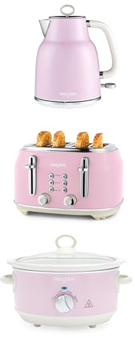 Salter Retro Kettle, Toaster & Slow Cooker Set – 4-Slice Toaster, 6 Browning Levels, 1.7L Rapid Boil Kettle, 3.5L Electric Slow Cooker, Dishwasher Safe Ceramic Pot, 3 Heat Settings, Pink, COMBO-9507