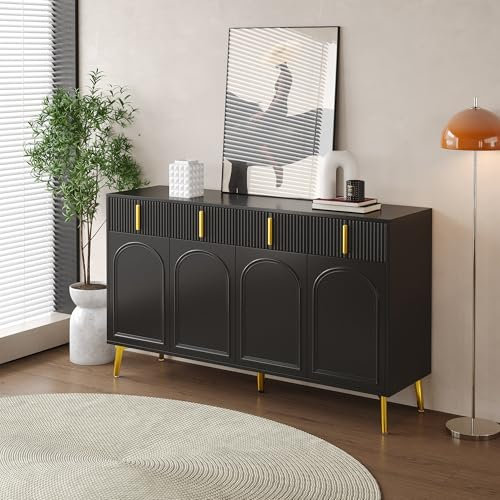 Sideboard Moderner 140 cm langer Buffetschrank mit Goldenen Griffen und Beinen, Aufbewahrungsschrank mit 4 Türen, 4 Schubladen, Herausnehmbarem Laminat, Geeignet für Wohn- und Esszimmer, Schwarz