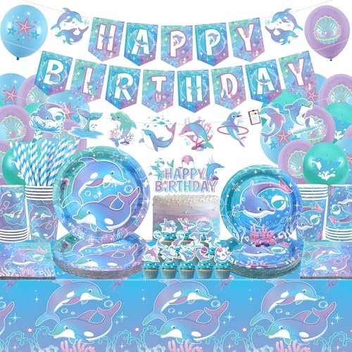 Decorazioni per feste con delfini, include striscioni, piatti, topper per cupcake, tovaglioli, tazze, tovaglie, per delfino oceano a tema compleanno baby shower forniture per feste (striscioni)