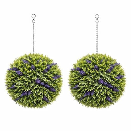 Floralcraft® Set of 2 Artificial Boxwood Topiary Balls with Lavender Sprigs 40cm, Hanging UV Resistant Indoor & Outdoor Decorative Plants