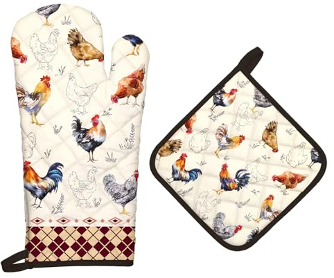Arquiel Hahn Ofenhandschuh und Topflappen 2er-Set Baumwolle | Baumwoll-Küchenset mit Hahn-Motiv, hitzebeständig und praktisch zum Kochen, Backen und Grillen.