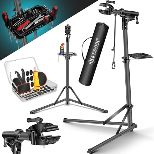 KESSER Supporto professionale per il montaggio della bicicletta, in alluminio, per biciclette, mountain bike, e-bike, per carichi pesanti, supporto per bicicletta + borsa con dispositivi di sgancio
