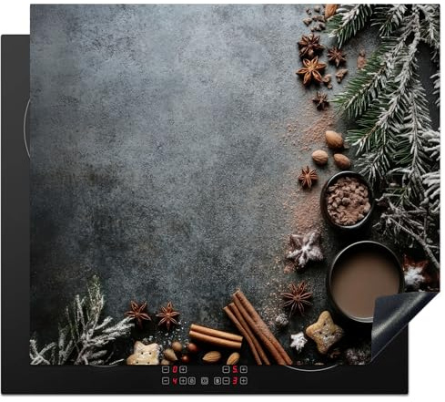 KitchenYeah© Herdabdeckplatte Einteilig Küche Herdabdeckung Induktionsfeld | 60x52 cm - Ceranfeld Herdabdeckplatten Vinyl Matte Aufrollbar Winter - Kräuter - Schnee - Schokolade