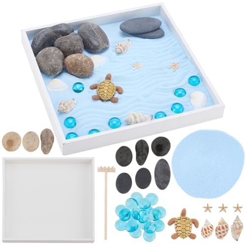 WEBEEDY Sea Turtle Zen Garden Kit for Desk Japanese Zen Garden Kit,Mini Desktop Zen Decor with Wooden Tray,Sand,Tools for Home Office Gift,Square(20x20cm)