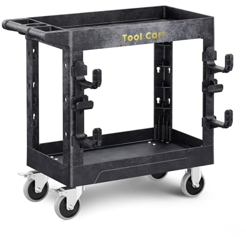 LDHTHOPI Servierwagen MAX 250kg,Werkstatt RollWagen 84.5x41.5x85cm mit 2 Lastaufnahmehaken,Schwerlast Kunststoff Vielzweckwagen 2 Lenkrollen mit Bremse,Schwarz,für Lager Garagen Büros Gärten Hotels