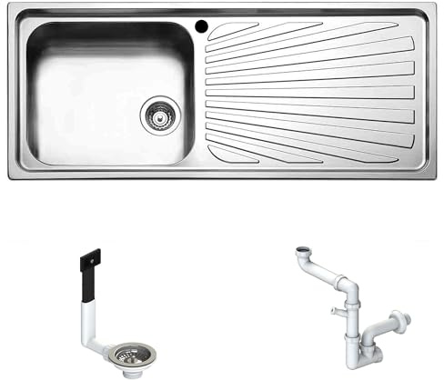 Lavello Incasso Cucina 116X50 FHULLER serie OFFICINA OC1161RVS -1 Vasca 45X40 SINISTRA + Gocciolatoio 66X40 DESTRO - Inox Spazzolato Spessore 7/10 Vasche Profondità cm. 20,9 Per Base Cucina da 60