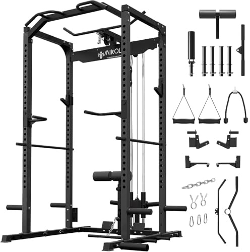 Mikolo F4 2.0 Power Cage with Dual-Track Smooth Pulley System, 1200LBS Power Rack with Leg Hold-Down for Heavy LAT Pulldowns, All-in-One Squat Rack with More Training Attachments for Home Gym (Black)