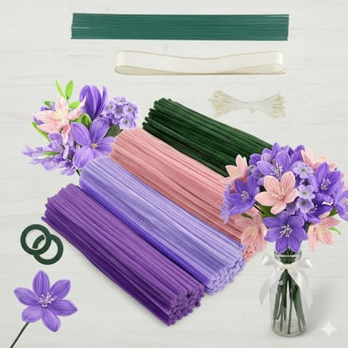 Pfeifenreiniger Blumen Set, 400 Stück Pfeifenputzer zum Basteln, Pfeifenreiniger zum Basteln，Chenille-Stiele für DIY-Blumenherstellungsset mit Blumendrähten, Gartenband, Staubgefäßen und Band