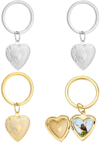 PLIGREAT 4 Pack coeur médaillon porte-clés, coeur craintif Photo médaillons porte-clés pour les femmes qui contient des photos Cadre Photo Charm pendentifs
