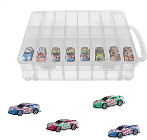 Spielzeugauto Aufbewahrungskoffer für Matchbox Cars,Organiser Aufbewahrungskoffer für Die-Cast Fahrzeuge Spielzeugautos,für Mini-Spielzeug kleine Puppen Tragebox Container Carrier, 48 Fächern,33 x 25