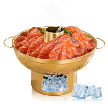 Plat de service réfrigéré en acier inoxydable 304 pour crevettes, fruits, légumes, fruits de mer, salade, sushis, 21,8 cm, doré