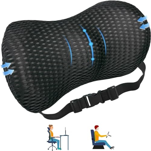 AgoKud Lumbar Support Memory Foam Pillow with Adjustable Elastic Strap, Improves Posture, Promotes Back Pain Relief, Great for Car Seat, Office Chair, Back Support, Gaming Chair and Bed（Black）