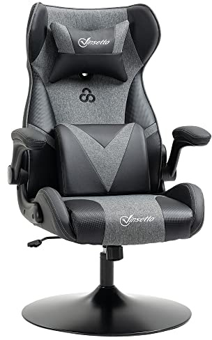Vinsetto Gaming Stuhl Ergonomischer Gamer Stuhl mit Verstellbar Armlehne, Lendenwirbelstütze, Kopfkissen Höhenverstellbar Gaming Sessel mit Wippfunktion Kunstleder Leinenoptik Schwarz+Grau