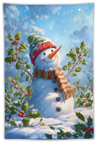 Jubonexis Pupazzo di neve agrifoglio vischio nel paesaggio innevato arazzo in poliestere estetico da appendere alla parete camera da letto soggiorno dormitorio decorazione 101,6 x 152,4 cm