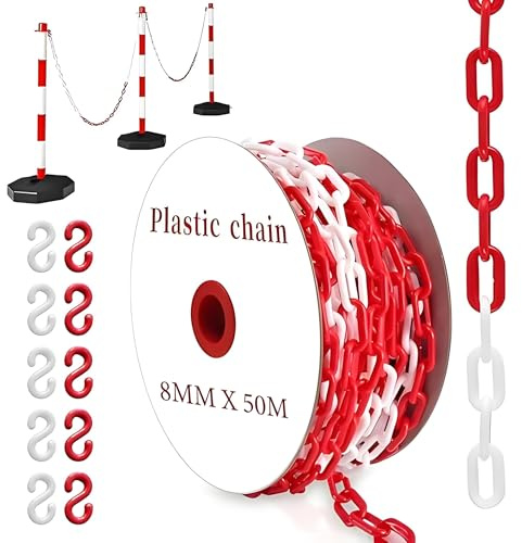 YUJUVI Absperrkette Kunststoffkette 50M Warnkette 8mm Plastikkette | Kunststoff kette mit 10 S Haken Absperrkette Rot Weiß kunststoff für Barrieren in Auffahrten zum Absperren, Auftragspflege