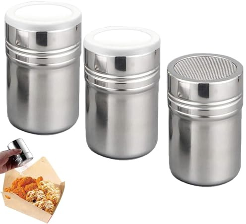 JcvPot 3 unidades de azúcar en polvo, molinillo de azúcar en polvo con colador fino y tapa, para capuchino, espolvoreador de azúcar en polvo, apto para lavavajillas, para restaurante doméstico