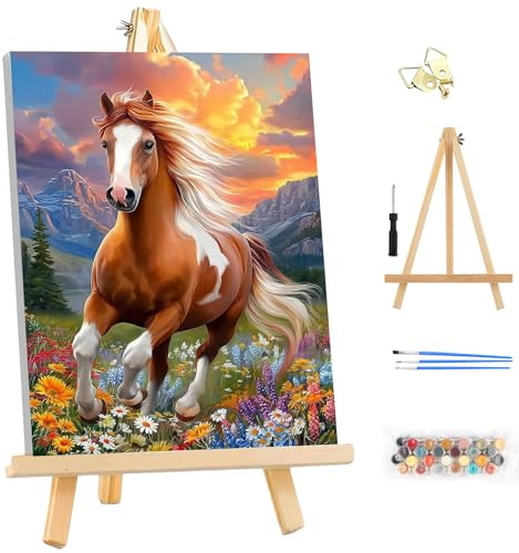 MEIYUDA Pintar por Numeros Adultos con Marco Animal Caballo, DIY Pintura Kit Manualidades Adultos, Cuadros por Numeros Pigmento Acrílico, Decoración para el Hogar Regalo de pared 25x35cm