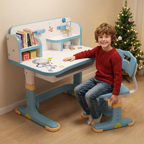 joukares Kids Desk and Chair Set, Adjustable Height Childrens Study Table with Storage Drawer, Ergonomic Student Workstation with Bookshelf, School Writing Desk for Boys Girls 3-16 Years