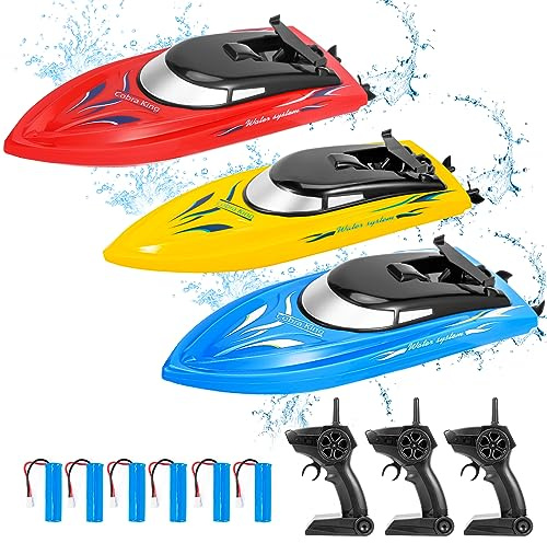 Set 3 Barche RC Telecomandate 2.4GHz Alta Velocità 10km/h per Bambini e Adulti - Impermeabili, 6 Batterie Ricaricabili, Perfette per Piscina, Lago, Vasca - Giochi Estivi - Colori: Blu, Giallo