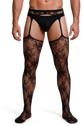 ohyeahlady Collant Resille Ouvert à l'entrejambe Homme Grande Taille XS-5XL | Collant Porte Jarretelle,Bas Resille,Tenue Hot,Sissy Lingerie,Ceinture Elargies,Haute élastique,Emballage Boite,40-120KG