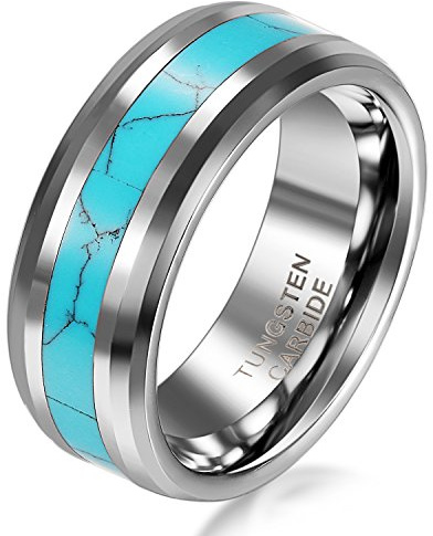 JewelryWe Schmuck Wolframcarbid Herren-Ring Synthetische Türkis Inlay 8mm Bandring Eheringe Verlobungsringe Größe 65