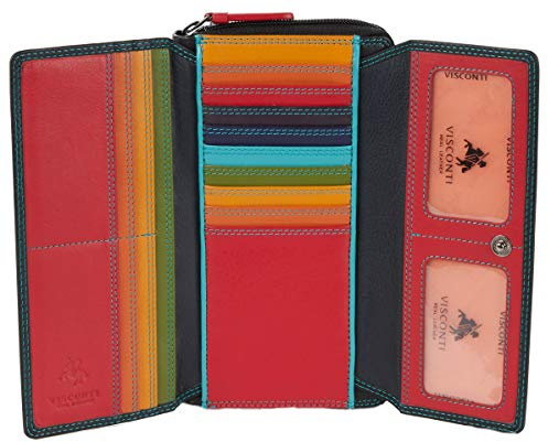 VISCONTI portafoglio di pelle da donna a piegatura doppia Rainbow Multicolore XL Purse (RB78) - (Nero)