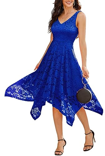 Meetjen Vestido de Coctel Fiesta Ceremonia Dama De Honor Mujeres V-Cuello Sin Mangas Encaje Floral Asimétrico Royalblue M