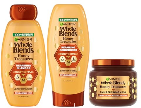 Garnier Whole Blends Honey Treasures Repairing Shampoo, Conditioner + Hair Mask Set for Dry, Damaged Hair (3 Items), 1 Kit (Packaging May Vary)